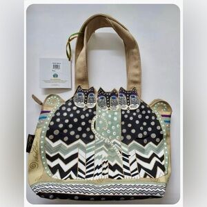 Laural Burch 13 In Cotton Canvas Cat Bag Khaki Gr Tones Tan, Black w/Azure Eyes
